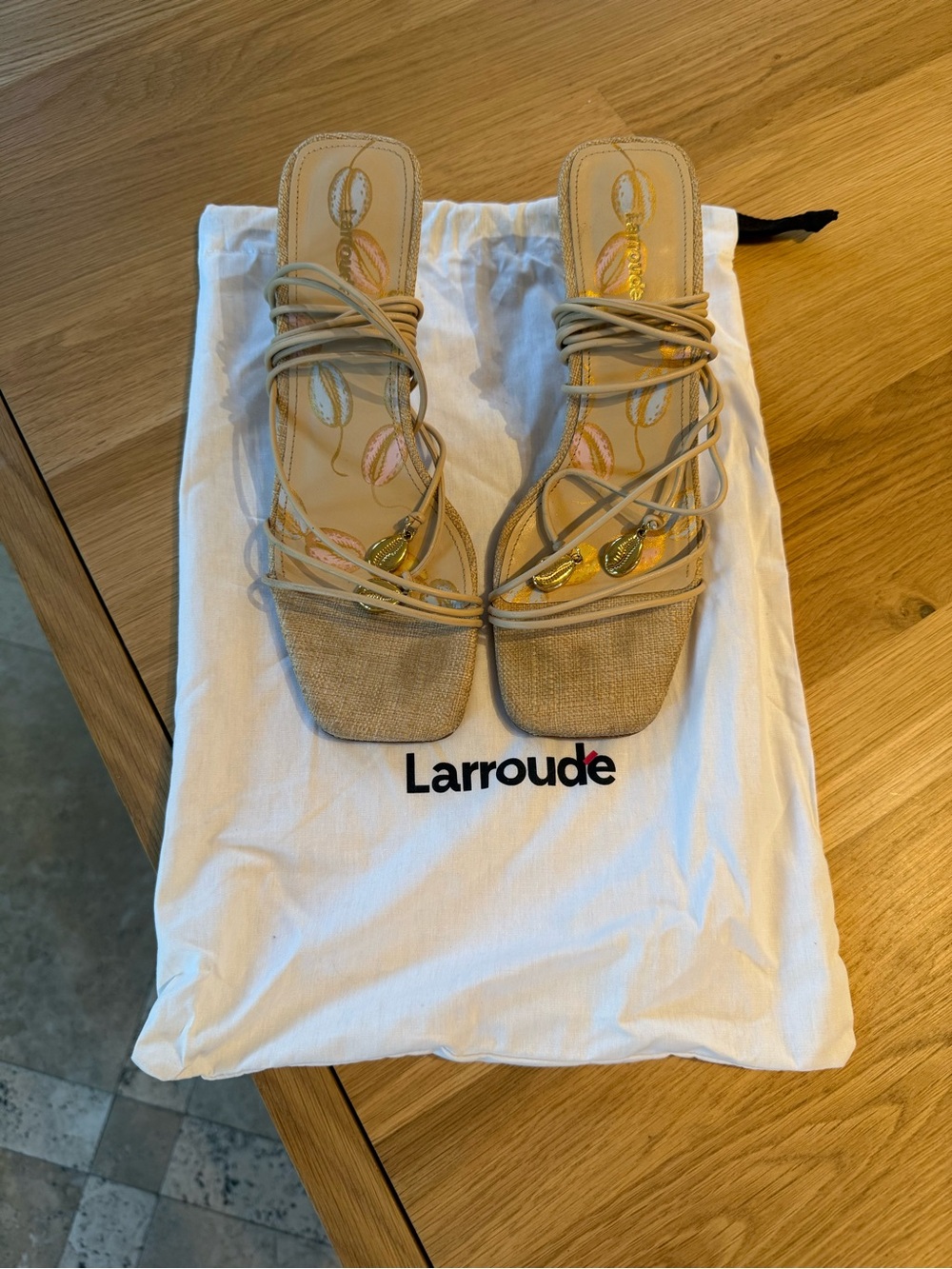 Larroude Beige and Raffia Strappy Square-Toe Sandals